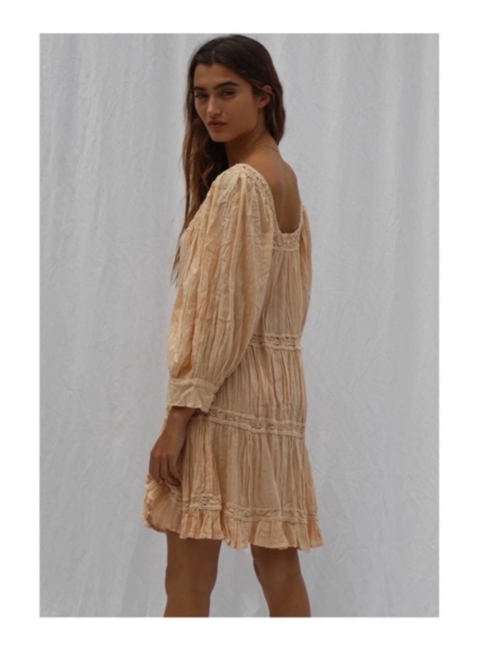 New! JEN'S PIRATE BOOTY Almond Lace Tiered Ruffled Mini Dress in Peachy Tan - Picture 4 of 12